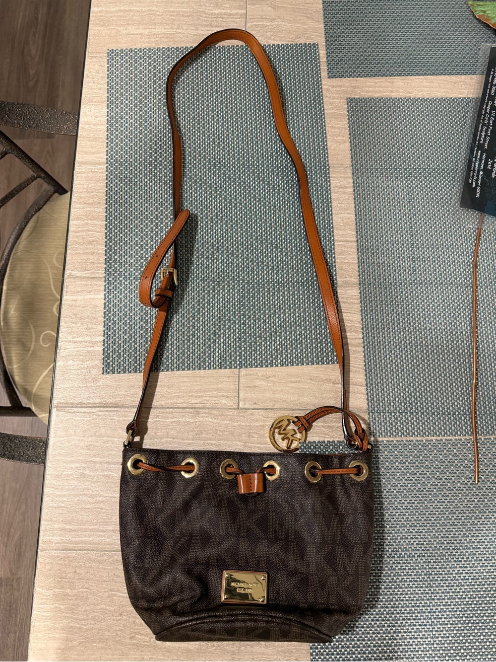 Michael Kors Brown Logo Drawstring Crossbody with Tan Trim - Picture 2 of 7